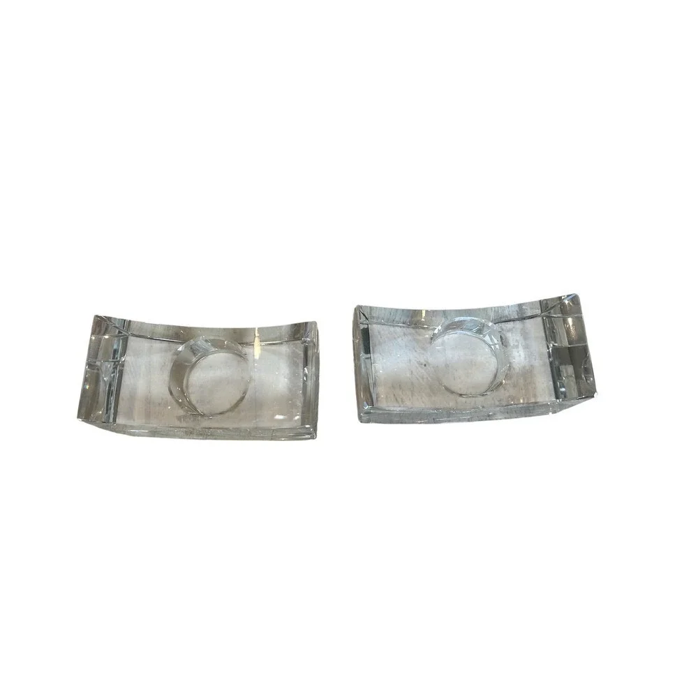 Oleg Cassini Crystal Candle‎ Holders Pair Signed Clear Glass Bridge Crescent MCM